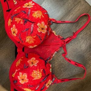 Red laced flowered halter push-up bra.